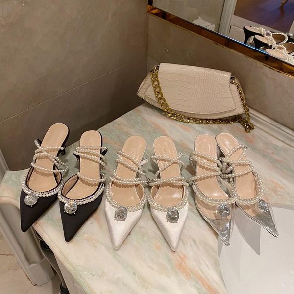 

fashion women sandals pointed toe rhinestone sandals pearl chain ankle strap thin high heels dress wedding shoes woman size 39, Black