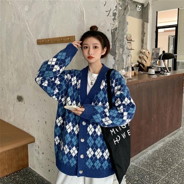 

women's knits & tees womens cardigan sweater loose plaid knitted women sweaters coats plus size, White