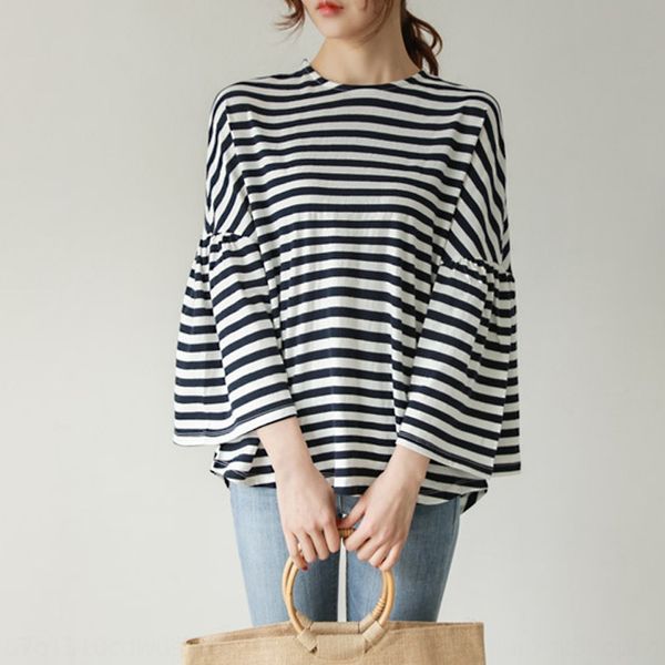 

cotton t-shirt with 9-point sleevenew women's hornt-shirt horndress in early autumn 2020 wear loose oversized striped flared sleeve top, White