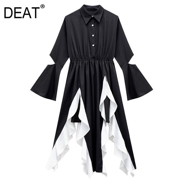 

casual dresses [deat]women spliced split hollow out irregular dress lapel neck long sleeve loose fit fashion tide spring autumn 2021 13t671, Black;gray