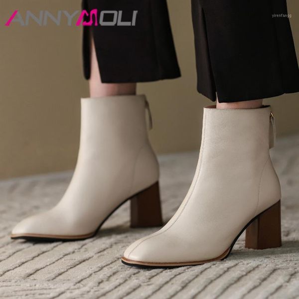 

annymoli ankle boots women shoes real leather high heel boots ladies square toe block heels zip short autumn beige black1, Black