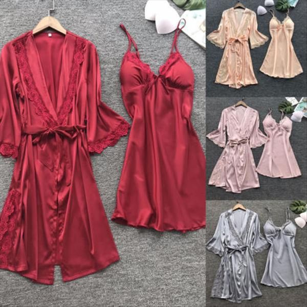 

2019 spring lingerie women pastel goth silk lace robe solid dress babydoll nightdress sleepwear kimono, Gray