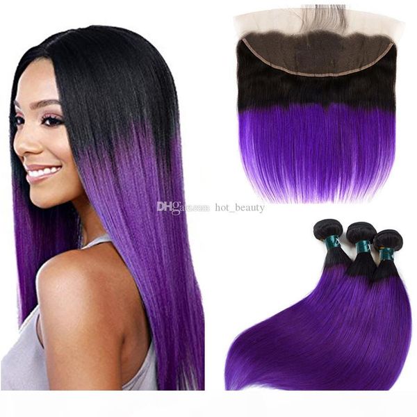 

dark roots silky straight hair wefts with frontal closure ombre color 1b purple hair and ear to ear frontal with baby hair, Black