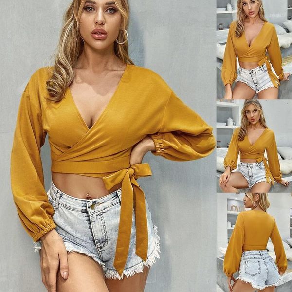 

women's t-shirt fashion autumn women casual bandage long sleeve v neck crop, White