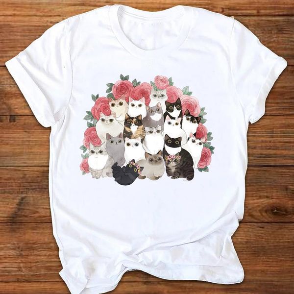 

women graphic cat cartoon flower floral elegant 90s ladies printing print clothes lady tees female t shirt womens t-shirt, White