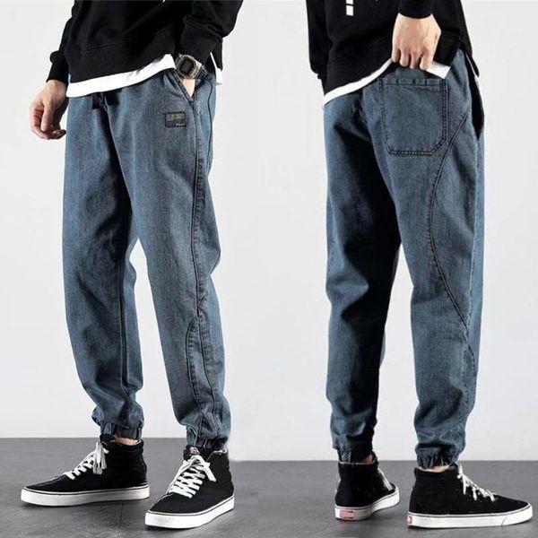 

men's jeans trendy men's pants 2021 denim loose washed street style male elastic waist casual outdoor harem pantalons pour homme1, Blue