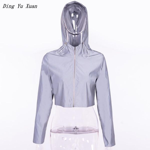 

womens flash reflective short hooded jacket women night light glowing jackets and coats female hip hop hoodie jacket zipper, Black;brown