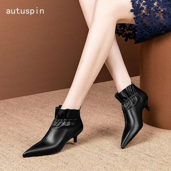 

autuspin elegant women boots autumn winter genuine leather casual low heels pumps 2020 design ruffles thin heeled boots black1, Black