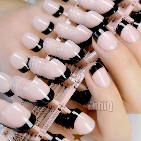 

false nails natural color french nail black tips short net fashion press on ladies fake wholesale 10kits= 240pcs n209, Red;gold