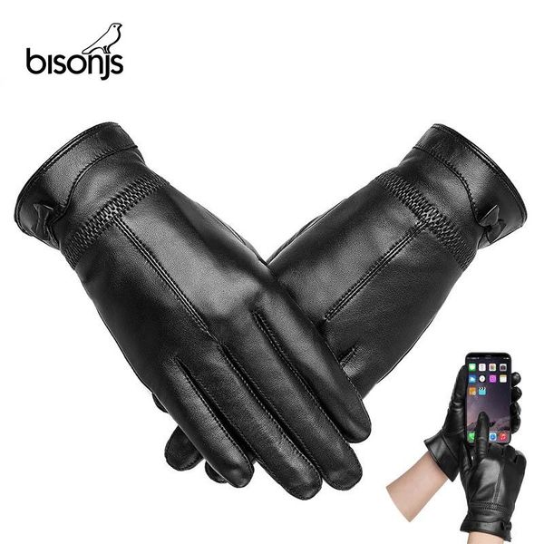 

five fingers gloves bisonjs 2021 genuine sheepskin leather women warm autumn winter thicken touch screen fashion for female s017, Blue;gray