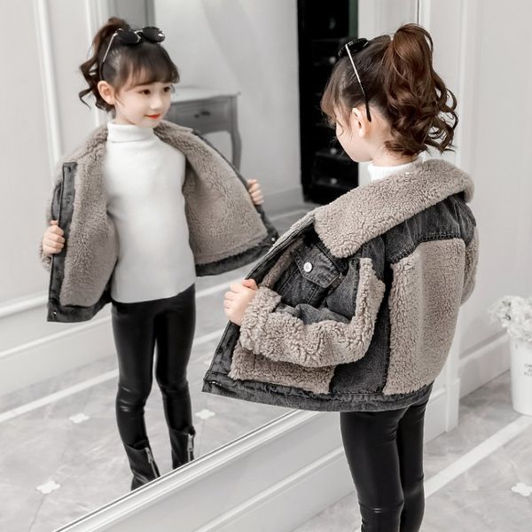 

male and female autumn winter short plus velvet denim jacket children's clothing china big children's winter thickening warming up, Blue;gray