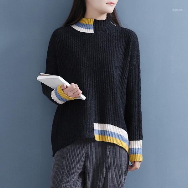 

sweater women autumn winter solid color turtleneck pullovers female brief bump color sweater coat loose casual women 1, White;black