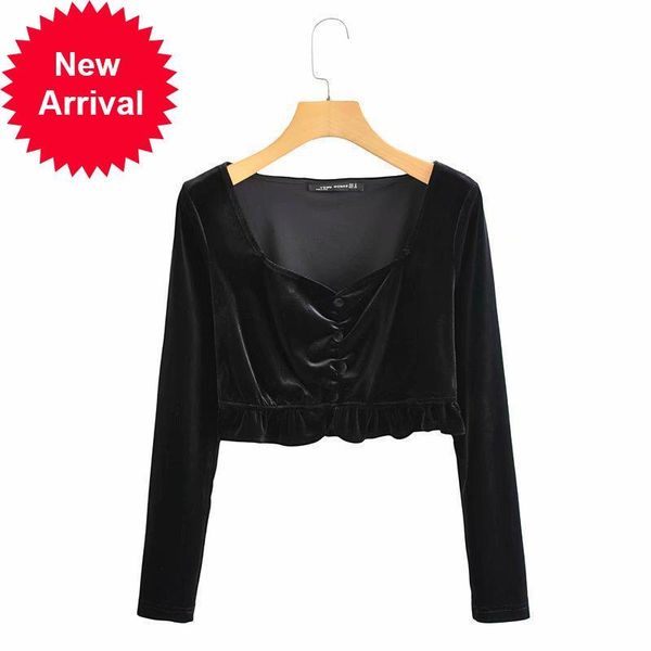 

2021 new spring new square velvet turtleneck women's solid short ladies long sleeve elegant temperament shirt wce1, White