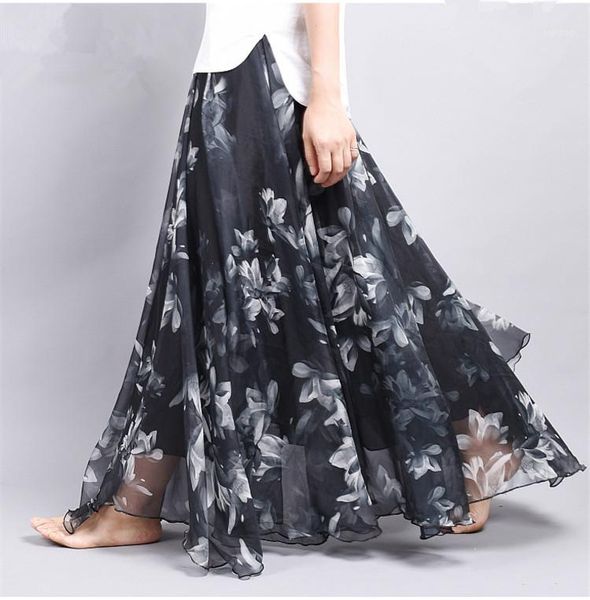 

elegant fancy flower print long skirt women fashion elastic waist big swing floral chiffon maxi skirts long saia1, Black