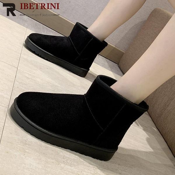 

ribetrini women flock platform ankle shoes women short plush fur boots brand casual slip on winter boots, Black