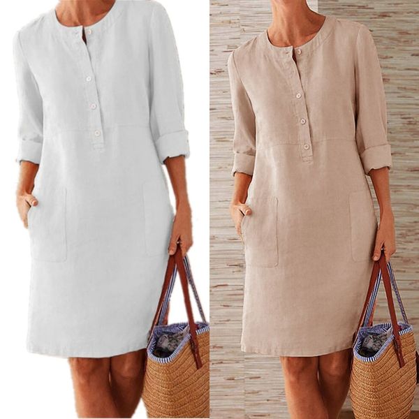 

8nfzr new spring 2020 zpbn5 size women's cotton linen round neck long sleeve dress dresscotton and linen dress large, Black;gray
