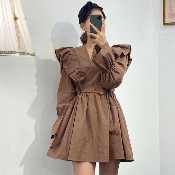

ewq] 2021 spring new sweet long sleeve v neck flare sleeve women dresses korea full style ruffles shangp ladies shirt dress qz44100, Black;gray
