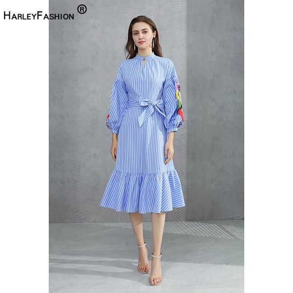 

casual dresses harleyfashion elegant embroidery striped dress women fashion o-neck lantern sleeve lace up bow mid-calf, Black;gray