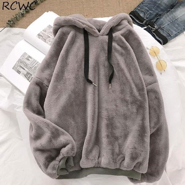 

women's hoodies & sweatshirts rcwc autumn winter coats hooded women ladies fleece flannel pullover female sweatshirt soild harajuku loo, Black