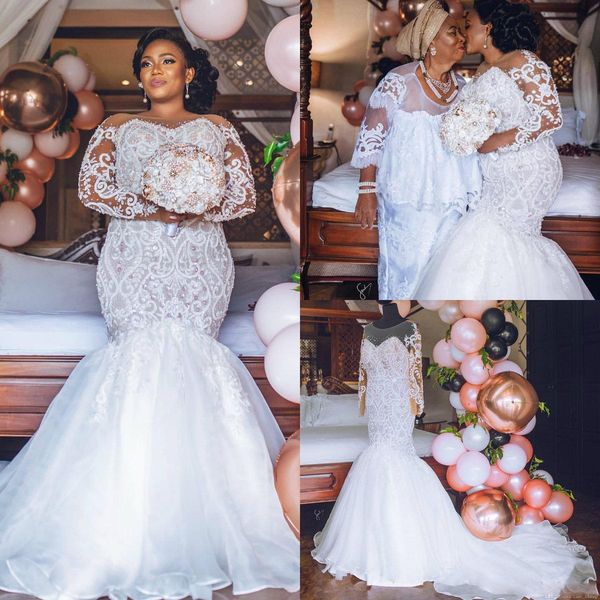 

africa plus size wedding dresses long sleeves beaded lace appliques mermaid bridal gowns custom made robes de mariÃ©e, White