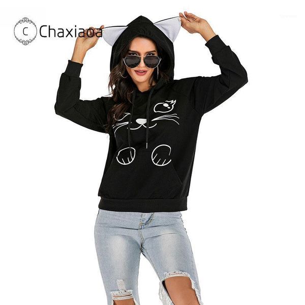 

chaxiaoa women sweatshirts cartoon cat print hoodies girl sportswear pullovers hooded cute ladies autumn long sleeve hoodie x2241, Black