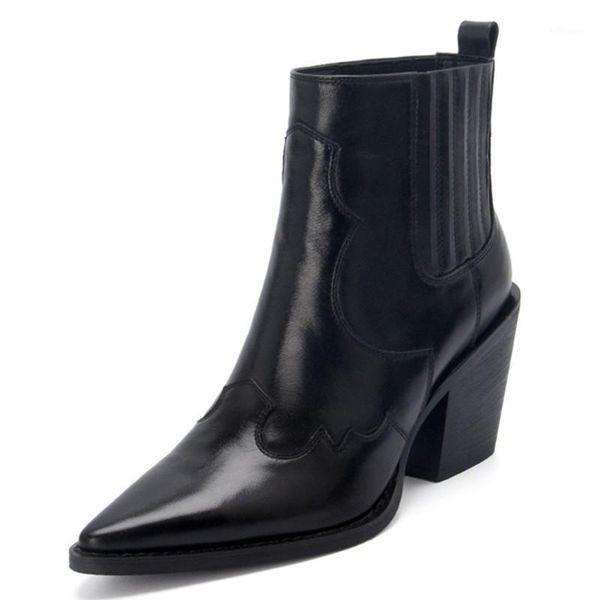 

agodor leather boots women genuine pointed toe mid heel ankle boots thick square heel slip on western cowboy women1, Black