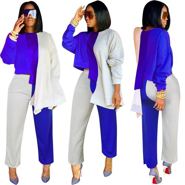 

зима женщины двухкусочный pant эпикировка цвет блока 2 piece set асимметричный с длинным рукавом crop top длинные прямые брючный костюм повс, White
