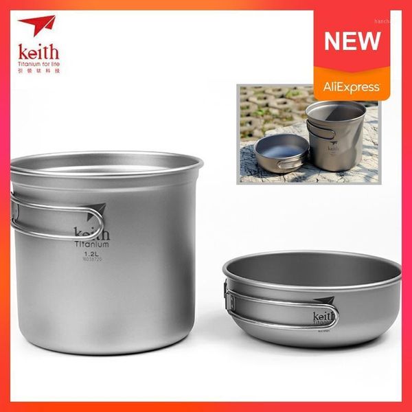

camp kitchen keith pure titanium pots set camping cookware tableware with folding handle cutlery picnic cooking bowl 0.4l+1.2l ti60511