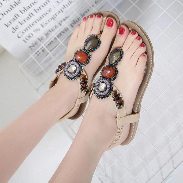 

shoes woman sandals female 2020 new fashion summer women shoes string bead flat summer sandals women comfortable #0o98, Black