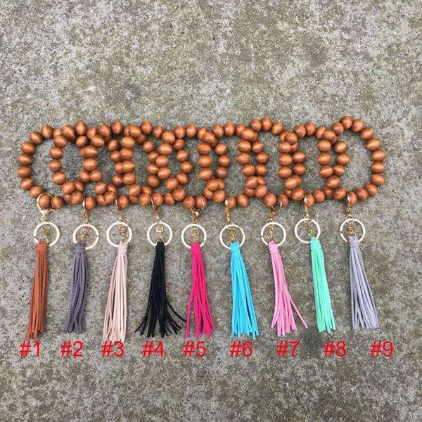 

9 colors handmade wholesale stretched beaded keyring trendy popular elastic large wooden beads bracelet tassel keychain dhb2047