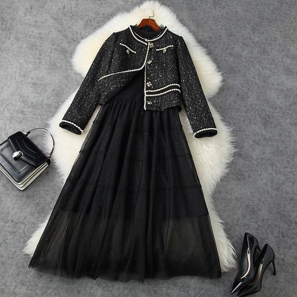 

european and american women's wear 2020 winter new style long-sleeved beaded tweed coat bow dress fashion two-piece, White