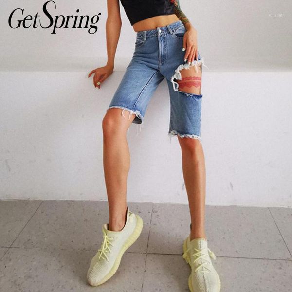 

getspring women pant irregular hollow out hole high waist denim pants all match knee length jeans pants 2020 new fashion1, Black;white