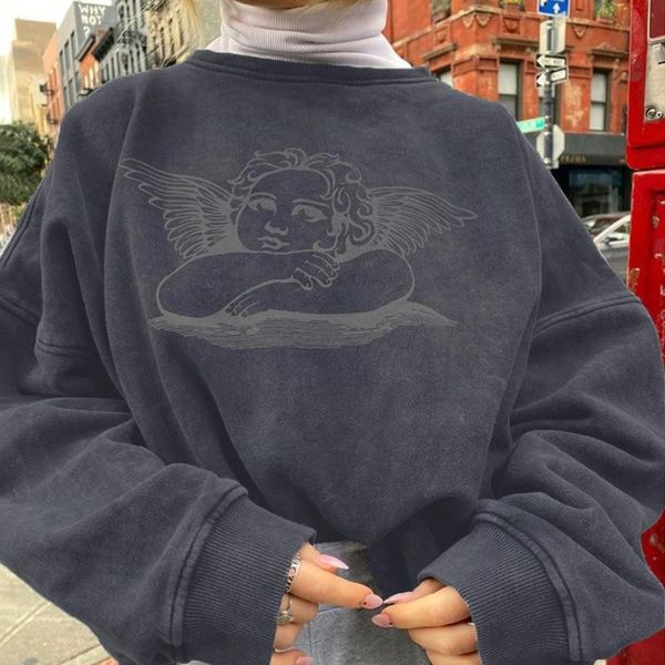 

women's hoodies & sweatshirts harajuku hoodie sweatshirt women fashion angel printed crewneck loose winter graphic pullover fall womens, Black