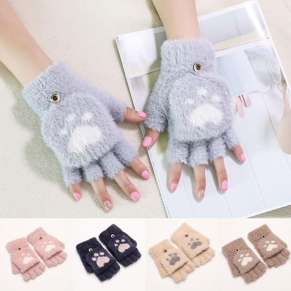 

winter plus velvet knitted touch screen gloves ears cat claw cartoon women gloves driving half finger mittens 1 pairs1, Blue;gray
