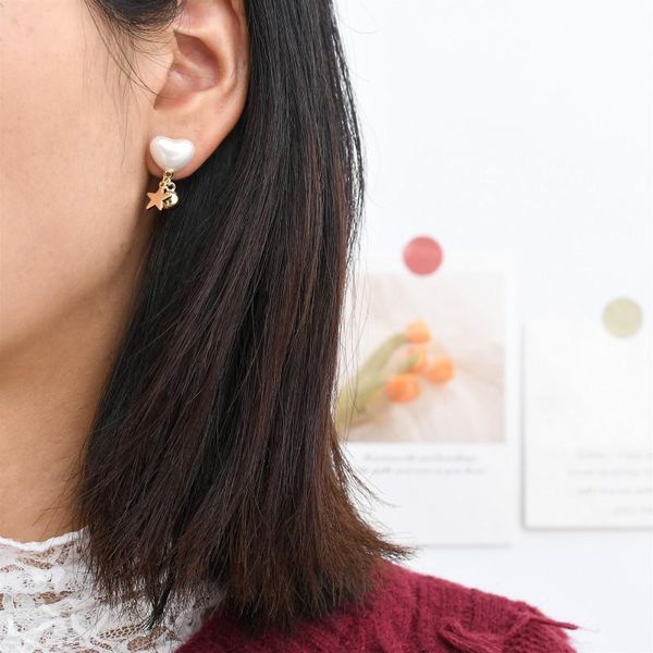 

2021 korean cute fashion pearl heart shaped stud earrings for women girls elegant stars pendant boucle d'oreille wedding jewelry, Golden;silver