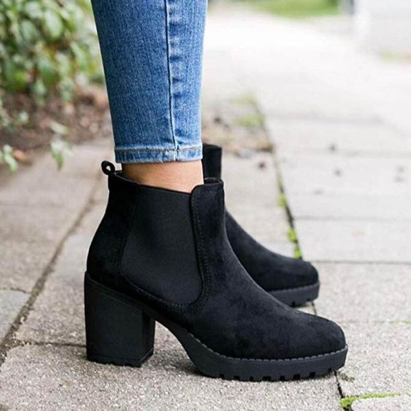 

leisure winter women boots slip-on solid color short boot shoes fashion suede square heels round toe boots#08201, Black