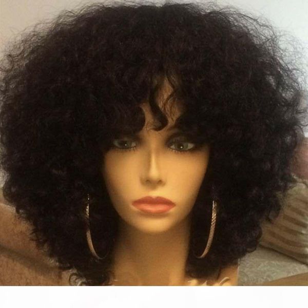 

kinky curly human hair lace front wig with bangs brazilian curly front lace wigs 150% density, Black;brown