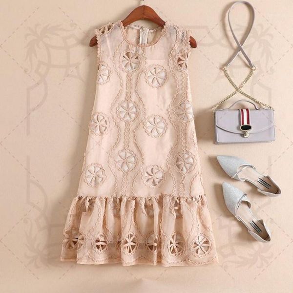

casual dresses arrival runway embroidery hollow out lace crochet ruffles dress women 's sleeveless o-neck a-line mini vest vestidos1, Black;gray