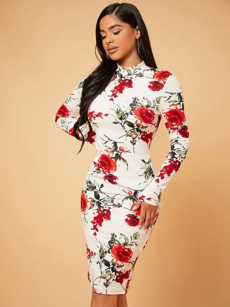 

sxy floral print mock neck bodycon dress p2gw#, Black;gray