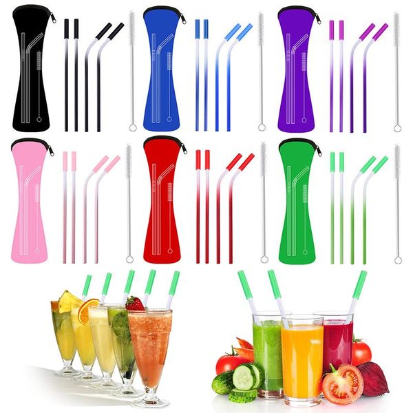 

drinking straws 6pcs/set stainless steel gradient with anti-scratch silicone head bag drink set bar accessories