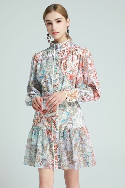 

european and american style women's custom court color print lotus leaf waistband single breasted stand collar lantern long sleeve dres, Black;gray