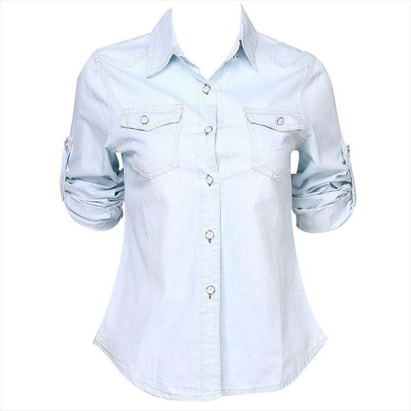 

retro women casual blue jean soft denim long sleeve shirt blouse womens shirt blouses top, White