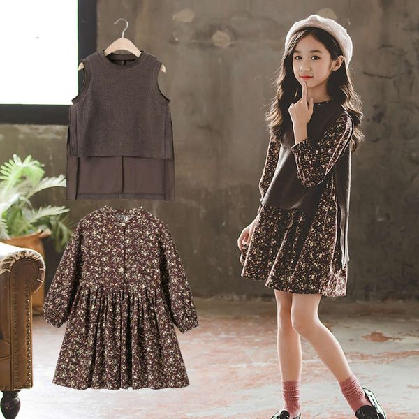

2020 children's girls' new spring foreign drs sle suit little girl long sve princs floral skirt autumn, Red;yellow