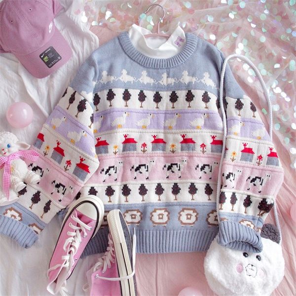 

autumn vintage ladies sweaters women thick pullover winter warm knitting jumper soft long sleeve sweater lovely japanese 201223, White;black