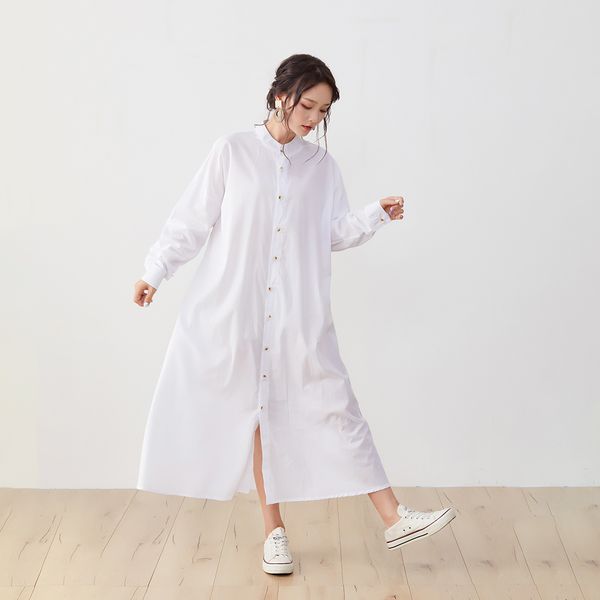 

2021 korean fashion long-sleeved autumn winter new stand-up collar mid-length shirt dress women 4ws4, White