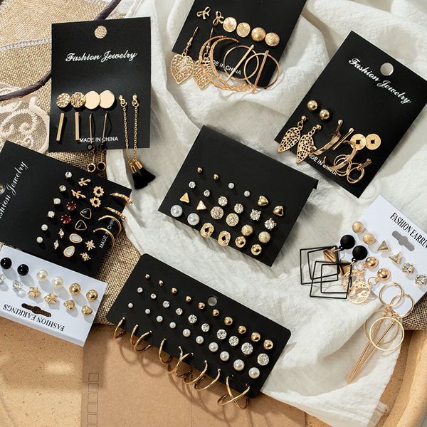 

fashion women's set pearl crystal stud for women 2020 boho geometric round flower tassel earrings punk jewelry, Slivery;black