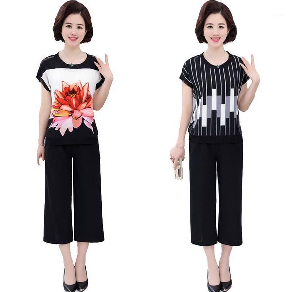 

summer clothing 2 pcs sets middle-aged 40-50 year old women's suits short sleeve t-shirt & wide leg pants suit k1601, White