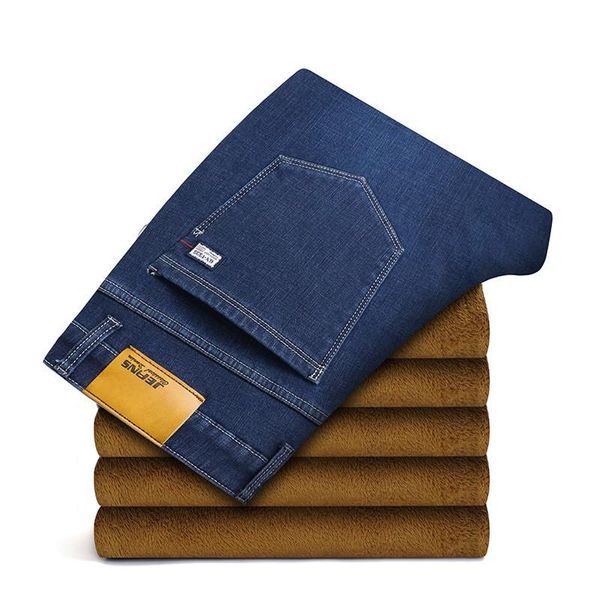 

2020 men warm jeans slim fit black thicken fleece men jean long trouser winter denim jeans plus size 40 42 44 46, Blue