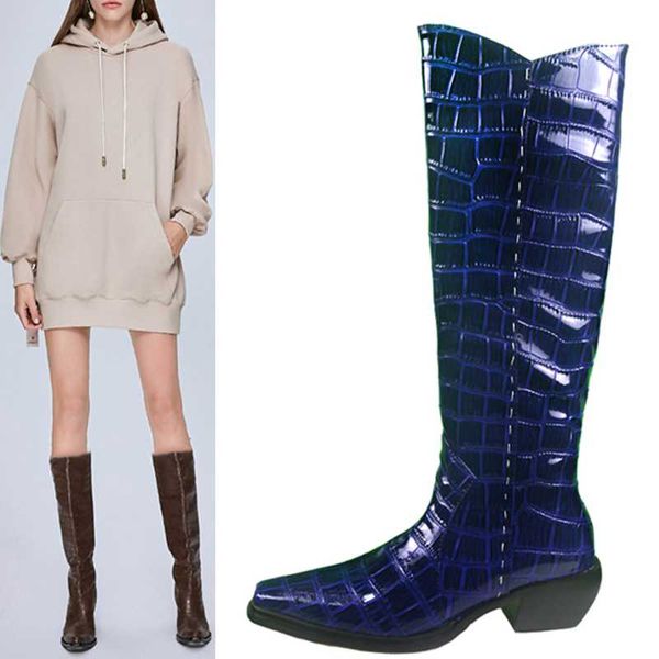 

boots large size mid-heel stone print leather knight celebrity woman chunky heel knee-length high-tube long real pos, Black