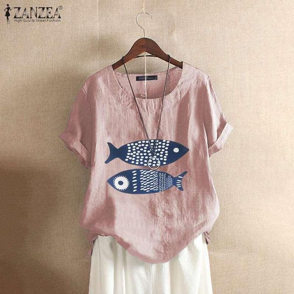 

blusas 2021 summer blouse zanzea casual vintage tunic women short sleeve printed cotton linen shirts female chemise, White